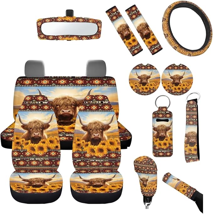 Sunflower Highland Cow Car Seat Covers Sets 14pcs,Sunflower Western Cow Auto Seat Protector Pad+Seatbelt+Steering Wheel+Car Coasters+ Interior Mirror Accessory+Cow Keychain for Women Men