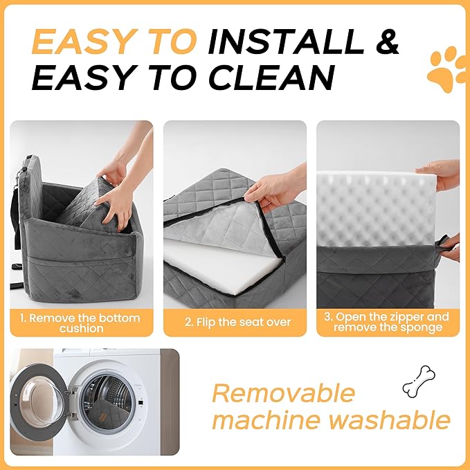 Dog Car Seat for Small Dog with Washable Mat, Memory Foam Booster Seat for Dogs Under 30lb, 6" Elevated Pet Seat with Pockets, Anti-Slip Bed for Car, Perfect for Front & Back Seats with Safety Leash