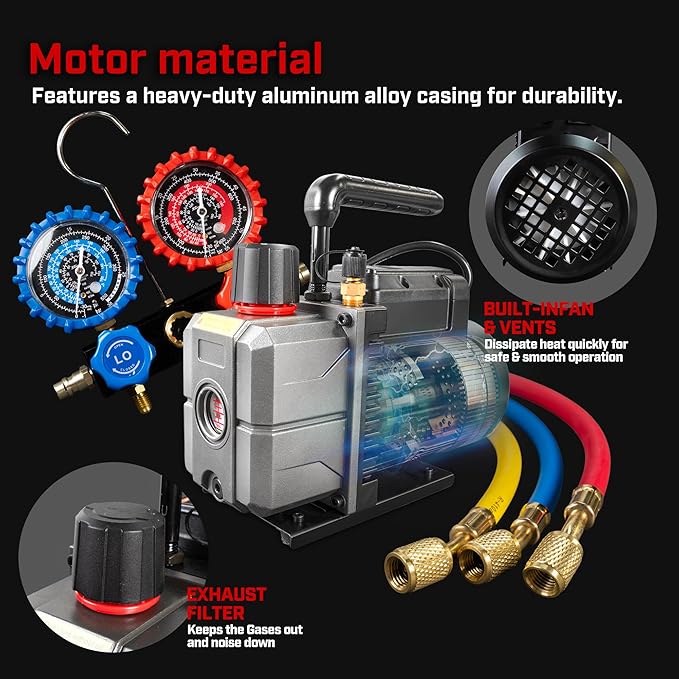 XtremepowerUS 4.5 CFM AC Vacuum Pump & 1/3HP Manifold Gauge Set HVAC Systems Commercial Use Refrigerant Service Kit with Hoses & Can Taps R134, R22, R410a Gauge