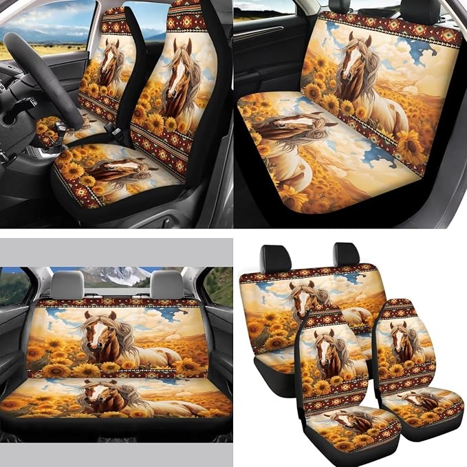Horse Automotive Seat Covers Decor Accessory 14pcs Southwestern Tribal Aztec Horse Vehicle Seats Cushion for Front Rear Bench,with Absorbent Coaster,Auto Rear View Mirror Cover,Keychain