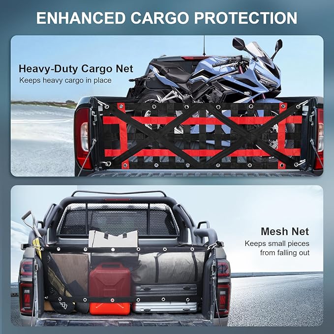 Heavy Duty Tailgate Net for Truck Bed with Detachable Cargo Mesh, Tailgate Net with 4 Adjustable Buckle Straps Compatible with Jeep, Pickup, Truck, Trailer, Boat, SUV (54"x17.7")