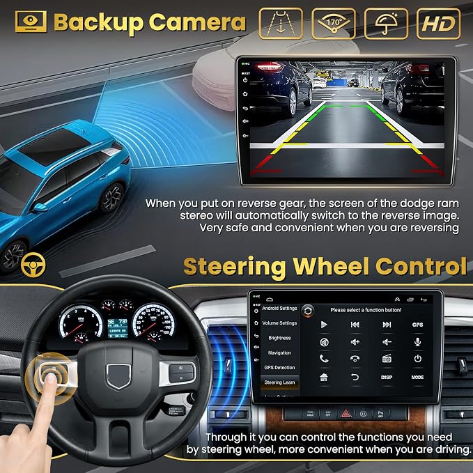 (8Core + 64GB) 10.2 Inch QLED Touch Screen Car Radio for Dodge RAM 1500 2500 3500 2009 2010 2011 2012 with Carplay and Android Auto, Support Bluetooth,WiFi,GPS,FM Radio,Backup Camera & SWC