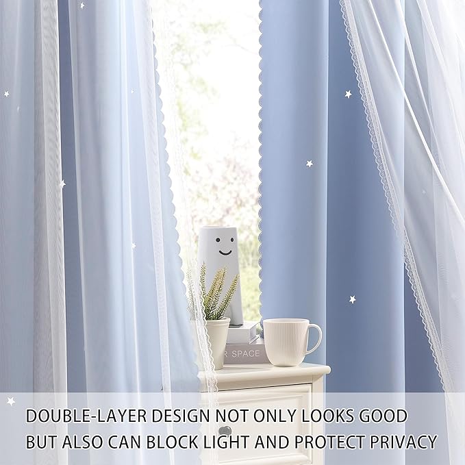 XiDi Light Blue Blackout Curtains for Girls Kids Bedroom Living Room 45 Inches Long 2 Panels Star Curtains Boys Room Darkening Thermal Insulated Drapes Grommet Noise Reduction Window Treatments 52x45