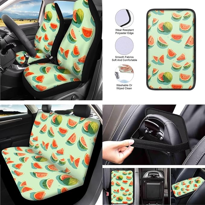 13 Piece Watercolor Slices Car Accessories Set, Breathable Summer Fruit Car Seat Protecotr with Headrest Cover Steering Wheel Cover Safety Belt Armrest Pad Cup Mat