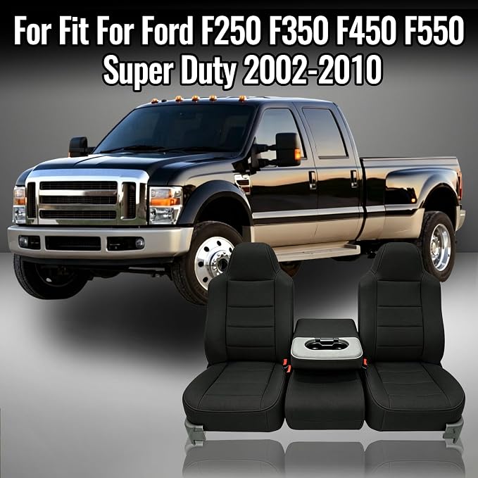 40/20/40 Split Seat with Molded Headrest Front Seat Covers for Ford F250 F350 F450 F550 2002-2010 40/20/40 Split Seat with Molded Headrest and Shoulder, Knitted Fabric Soft Foam - Black