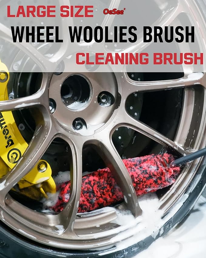oesee Professional 4 Pack Long Handle Wheel Brush Kit for Cleaning Wheel and Tire- 2X Soft Wheel Cleaning Brush, Detailing Brush and Stiff Tire Brush, Bendable& Durable Wheel Rim Cleaner Brush Set