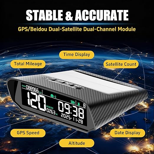 X100 Wireless Heads Up Display for Cars Solar GPS Digital Speedometer with LCD Screen Overspeed Alarm KMH/MPH Time/Altitude/Temperature/Speed Display, Vibration Wake-Up, Auto-Brightness Adjustment