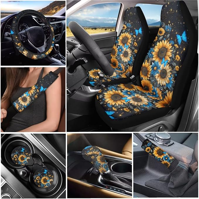 Tupalatus Sunflower Butterfly 9 Pcs Car Seat Covers Front Seats Steering Wheel Cover Auto Seat Belt Cover Gear Shift Cover Hand Brake Cover Coasters for Cup Holders Universal Fit Car Accessories