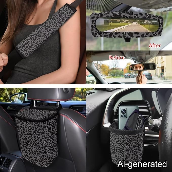 Dreaweet Black Leopard Print Car Seat Covers Full Set for Women,Cheetah Steering Wheel Cover Seat Belt Cover Pad Cup Car Coasters Trash Bag Vent Storage Bag Rearview Mirror Cover Keychain,15 Pcs Set