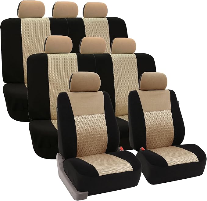 FH Group Car Seat Covers Trendy Elegance 3D Air Mesh Car Accessories, Airbag Compatible and Split Ready Beige Three Row Set 8 Headrest Covers Universal Fit Interior Accessories for Cars Trucks SUV