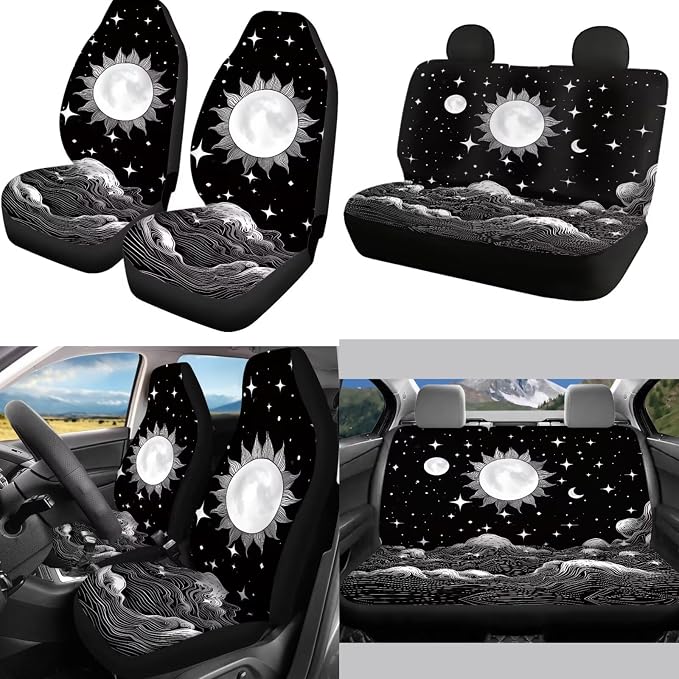 Mumeson Moon Car Seat Covers with 15 Inches Car Rubber Steering Wheel Cover 2 Pack Car Seatbelt Cushion Covers Soft Armrest Cover Universal Fit Cars Truck SUVs Van Most Vehicle
