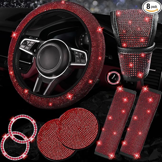 NBTEPEM 8 pcs Red Bling Car Accessories Set for Women, Steering Wheel Cover, Sparkly Seat Belt Covers, Bling Gear Shift Cover, Universal Fit Most Cars (Red Diamond)