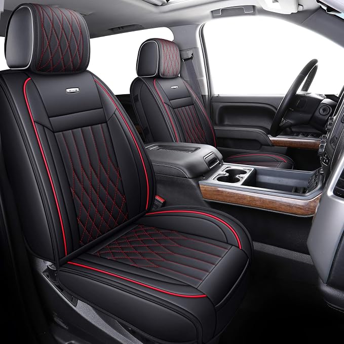 Aierxuan 2Pcs Front Chevy Silverado GMC Sierra Car Seat Covers, Custom Fit 2007-2026 1500 2500 HD 3500 HD Crew, Double, Extended Cab or Pickup Truck, with Waterproof Faux Leather (Black and Red)