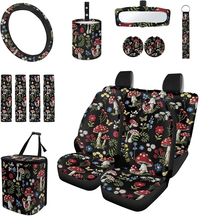 Forest Mushroom Auto Interior Accessories Car Seat Covers with Auto Steering Wheel Cover Seat Belt Covers Car Trash Can View Mirror Cover Coaster Keychains