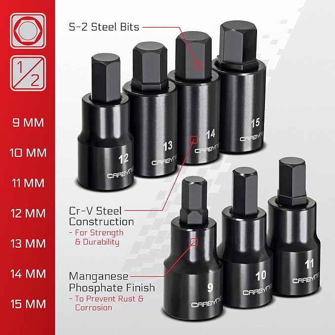 CARBYNE 7 Piece SAE Hex Bit Impact Socket Set (3/8” to 3/4”) AND 7 Piece Metric Hex Bit Impact Socket Set (9mm to 15mm). S2 Steel Bits | 1/2" Drive.