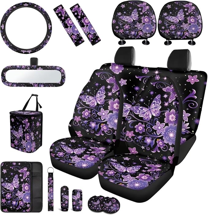 Purple Butterfly Car Seat Cover Full Sets Butterflies Flower Car Accessories 17 Pieces with Car Headrest Cover,Seatbelt Covers,Auto Seat Head Rest Protector for Auto Front Seat Rest Decor
