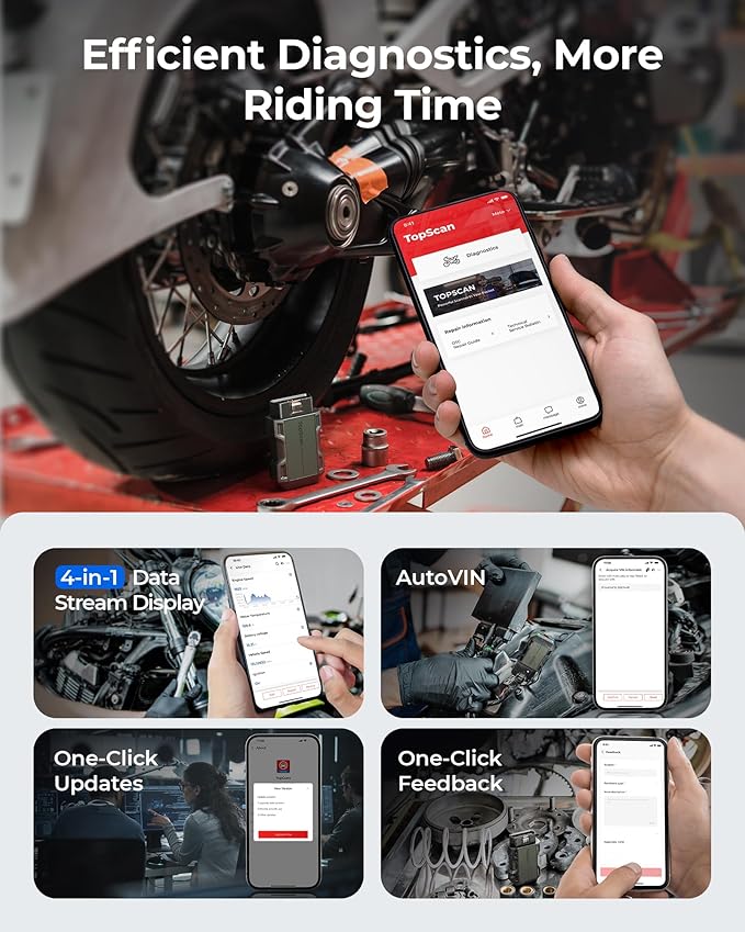 Motorcycle Scanner Bluetooth TOPDON TopScan, Motorcycle Scan Tool Fits for Harley, Ducati, BMW & Japan Brands, All Systems Motorbike Scanner Tool with Reset Functioan, Data Stream, AutoVIN