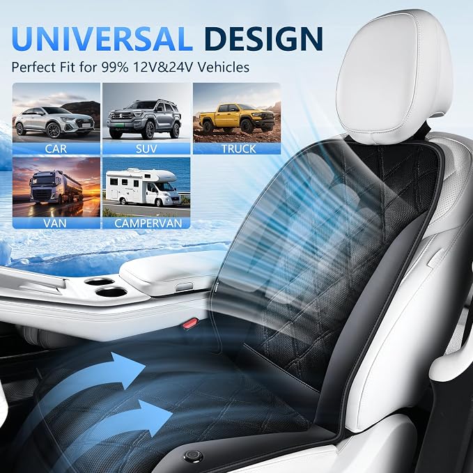 Upgraded Cooling Car Seat Cover, 12V-24V Ventilated Car Seat Cushion, 3-Speed Adjustable Cooling Car Seat Cushion, Breathable Mesh & Leather Cooling Seat Pad Universal Fit Car SUV Truck Van-Black