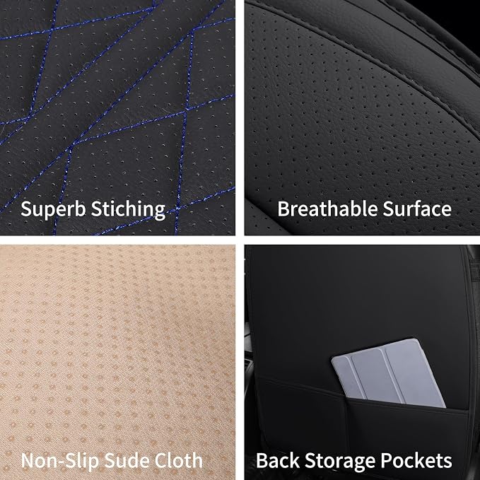 Leather Automotive Seat Covers Universal Fit for Cars, SUV, Sedans, Anti-Slip & Breathable (Black Blueline, Front Seat)
