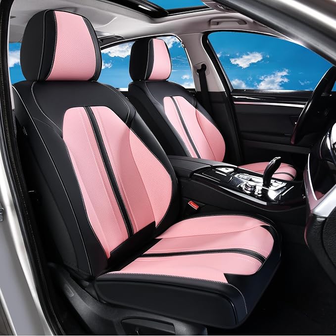Huidasource Car Seat Covers Front Seats, Luxury Faux Leather Front Seat Covers, Compatible with Airbags, Seatbelt Buckles, Cooling＆Heating, Universal Fit for Most Cars, Vans, Trucks, SUVs, Black＆Pink