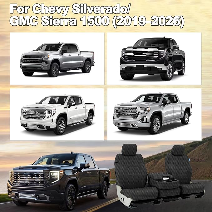 Seat Covers for Chevy Silverado & GMC Sierra 1500 Crew Cab 2019-2026 Heavy Duty Cloth Protector Interior Accessories，Waterproof & Machine Washable-Black (Front)