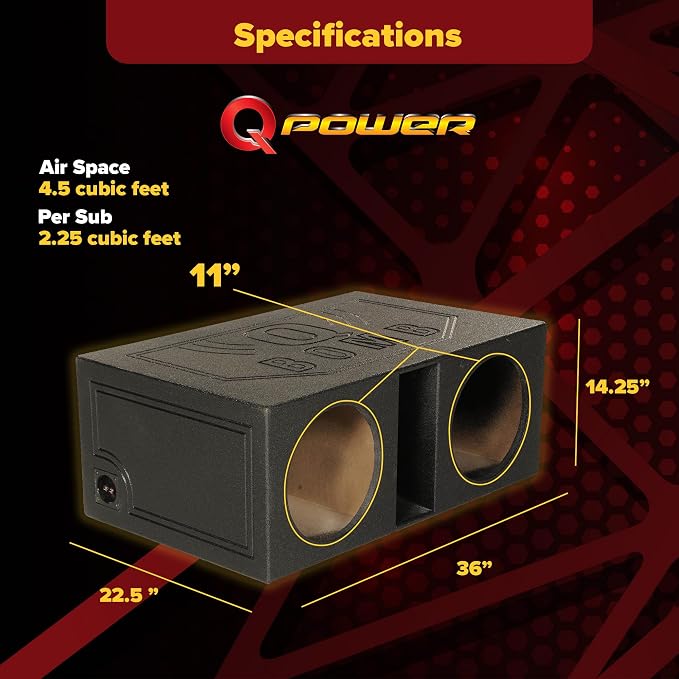 QPower 12 Inch Dual Vented Subwoofer Box, Ported Sub Enclosure System, Black - Car Audio and Sound Systems Accessories for Subwoofers and Speakers