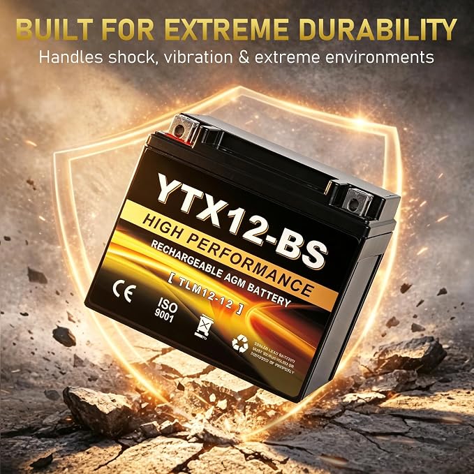 YTX12-BS 12V 10Ah AGM Sealed Motorcycle Battery, Maintenance-Free, Compatible with Honda Kawasaki Suzuki Yamaha Powersports
