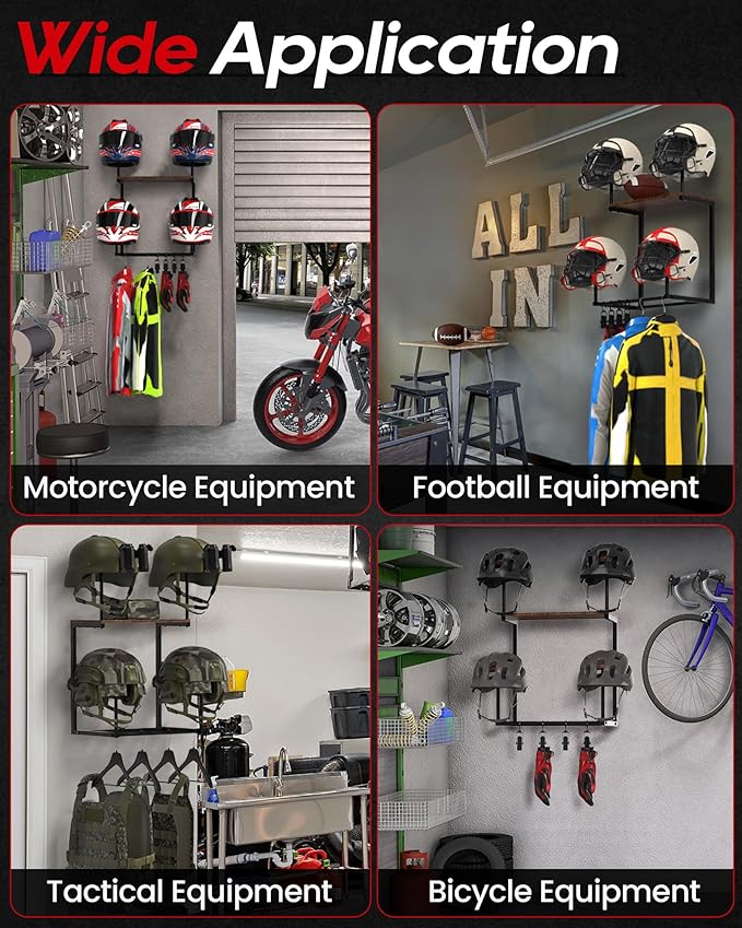 Motorcycle Helmet Holder Wall Mount, Helmet Rack with 4 Glove Clips, Motorcycle Gear Rack Storage, Motorcycle Accessories Organizer for Entryway or Garage
