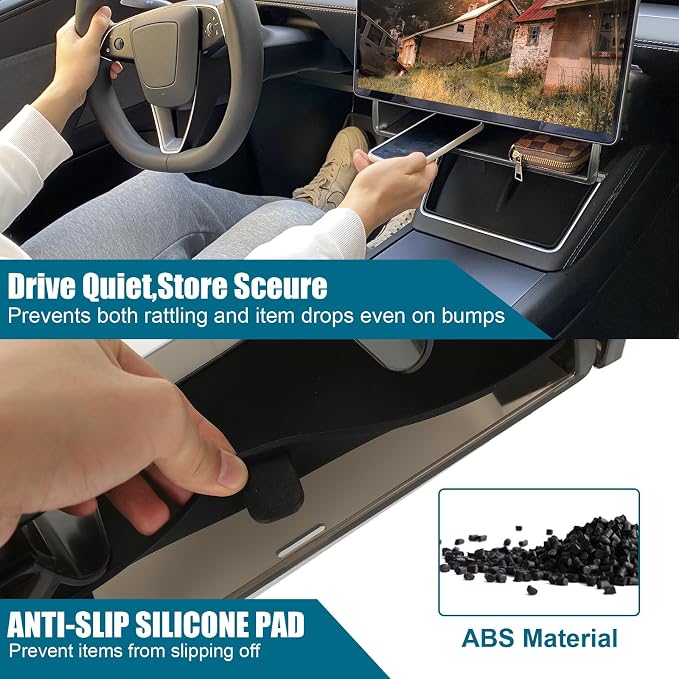 ROCCS Under Screen Storage Box Set Fit for Model Y Juniper & Model 3 Highland, ABS Magnetic Hidden Organizer with Non-Slip Pads,Upper & Lower Console Tray for 2024 2025 2026 Tesla Interior Accessories