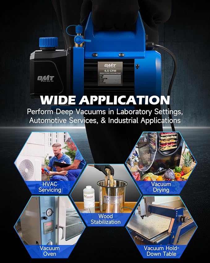 Orion Motor Tech Vacuum Pump, 4.5 cfm 1/3 hp HVAC Single Stage Vacuum Pump for R12 R22 R134a R410a R502, Auto AC Vacuum Pump Kit for Automotive Air Conditioner Resin Degassing & More, Oil Included