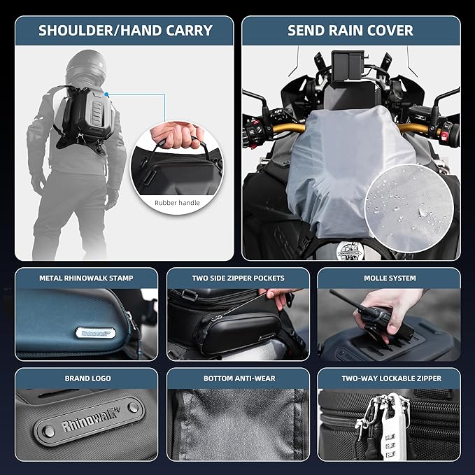 Rhinowalk Motorcycle Tank Bag Waterproof Backpack Hard-shell Expandable Rhinowalk Motorcycle Bags 15-18L Carbon Fiber Black