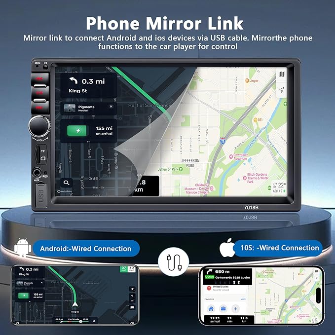 Double Din Car Stereo,7 Inch Car Radio with HD Touch Screen Bluetooth Car Stereo,Bluetooth Hands-Free Calling,Mirror Link,AUX/EQ/SWC