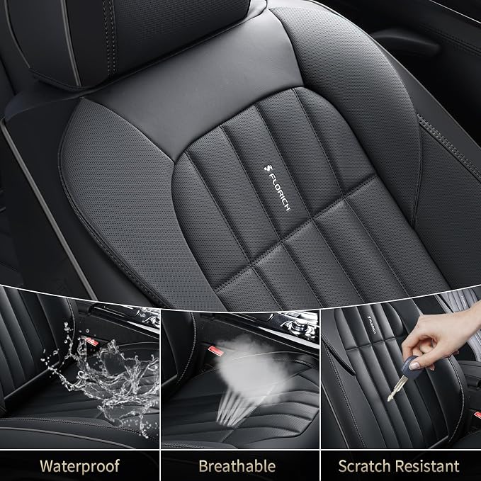 FLORICH Seat Cover, Car Seat Covers Full Set, Waterproof Leather Car Seat Protector 5 Seats, Front and Rear Seat Covers for Cars, Automotive Seat Covers Protector Fit for Most Cars Trucks SUV - Black