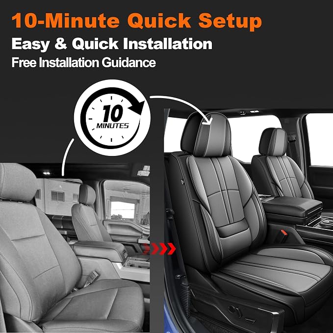 for Ford F150 Seat Covers 2009-2024 2025 2026 | F250 F350 F450 2017-2025 2026 Seat Covers Super Duty, Leather Waterproof, Custom Fit for Ford(2 Front Set, Black & Grey)
