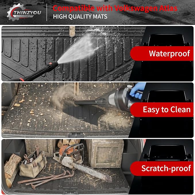Cargo Liner Compatible with 2018-2025 2026 Volkswagen Atlas (NOT for Cross Sport) Cargo Mat Trunk Liner Kick Mats 2024 VW Atlas Accessories (2nd&3rd Row Backrest Mats+Trunk Mats)
