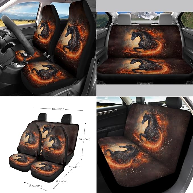 Horse Flame Print Car Accessories Full Set of 15 Car Seat Covers Seatbelt Strap Covers Steering Wheel Cover Air Vent Storage Bag Rearview Mirror Cover Cup Holder Key Chain Car Decor