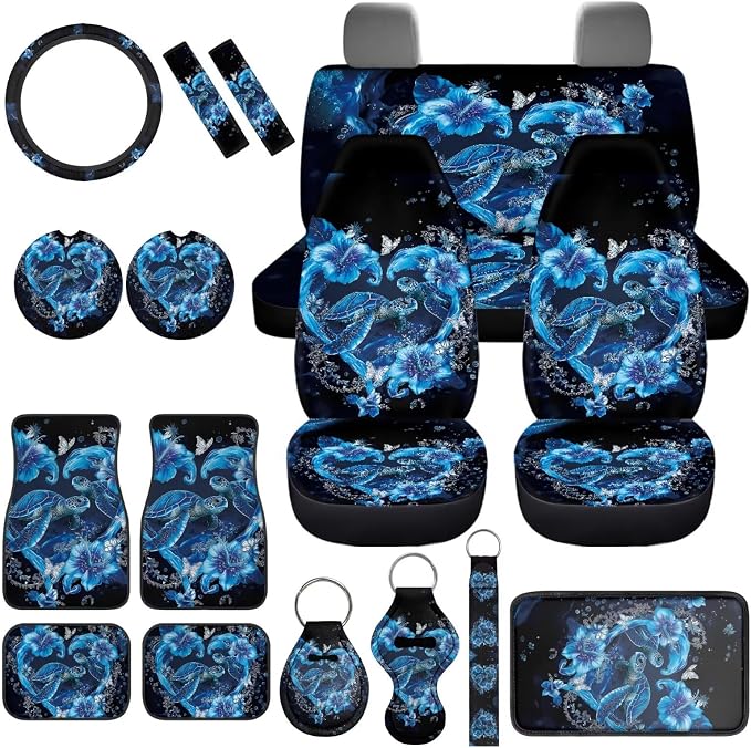 Sea Turtle Car Accessories Set 17 Pack Blue Turtle Car Seat Covers Full Set with Animal Car Mats Full Seat Belt Pads Steering Wheel Covers Car Seat Accessory Protector for Women Man