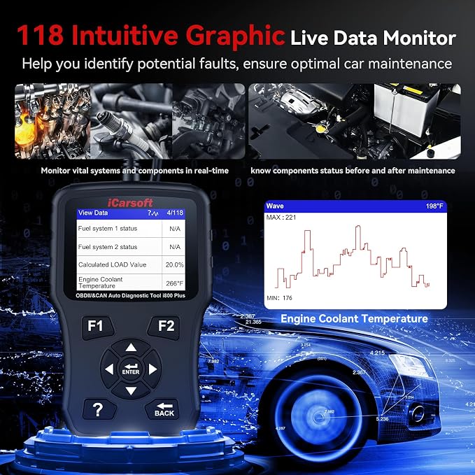 iCarsoft i800 Plus OBD2 Scanner Diagnostic Tool with Component Test/118 Live Data/Reset CEL/Battery Test/Freeze Frame/VIN, Code Reader for All Cars Full OBD2 Functions, Fuel System Scan Tool para Auto