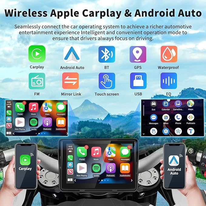 Podofo Upgrade Motorcycle GPS Wireless Apple Carplay/Android Auto Waterproof Car Stereo, 5" IP67 Waterproof IPS Touchscreen with Dual Bluetooth,Navigation/Siri/Goog-le for Motorbike
