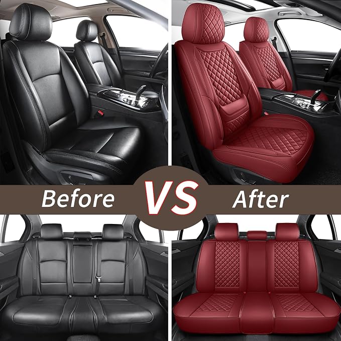 Red Leather Car Seat Covers Full Set Breathable Seat Protectors Waterproof Automotive Seat Covers Universal Fit for Most Cars SUVs Trucks Vehicles