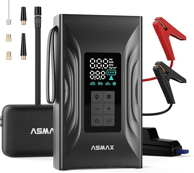 ASMAX T20 7-in-1 Portable Jump Starter with Air Compressor, 3000A Car Battery Booster with Smart Battery Clamps, 12V Jump Box for 9.0L Gas/6.5L Diesel Engines, 150PSI Auto-Shutoff Tire Inflator
