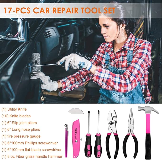 THINKWORK Car Emergency Kit for Teen Girl and Lady's Gifts, Pink Emergency Roadside Assistance kit with Pink Car Tool Set, 10FT Jumper, First Aid Kit, and More Ideal Pink Car Accessories Tool - E8