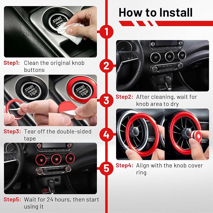 Interior Decoration Accessories for Nissan Sentra (2020-2025) - 12-Pieces Aluminum Alloy Ring Knob Cover Trim, Fits Push Start, A/C, Air Vent, & Volume Tune, 12PCS Set, Red