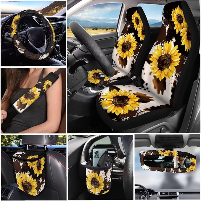 Dreaweet Car Seat Covers Full Set for Women Brown Cow Print and Sunflower Car Accessories - Steering Wheel Cover Seat Belt Pads Car Coasters Trash Bag Air Vent Pouch Rearview Mirror Cover Keychain