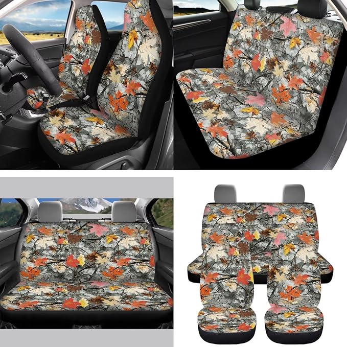 Camo Maple Leaf 15Pcs Car Seat Cover Full Set Car Steering Wheel Cover Seat Belt Cover Trash Bin Front Rear View Mirror Car Cup Holder Keychain