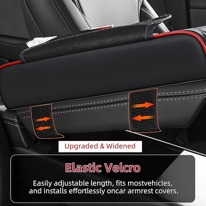 5 in 1 Nappa Leather Console Armrest Cover, Black Red Stitch | Built-in cup holder, tissue slot, phone holder & 2 storage pockets, practical car accessories fit SUV sedan truck