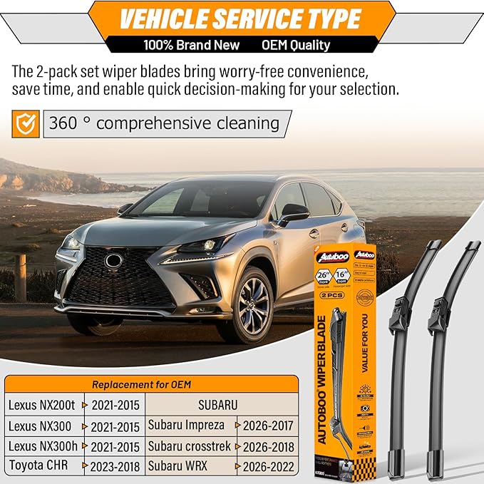 AUTOBOO 26"+16" Windshield Wiper Blade Sets Replacement for Subaru Crosstrek Impreza 2018-2026 Lexus NX300 NX200t 2015-2021 Toyota CHR -Original Factory Quality (Pack of 2)