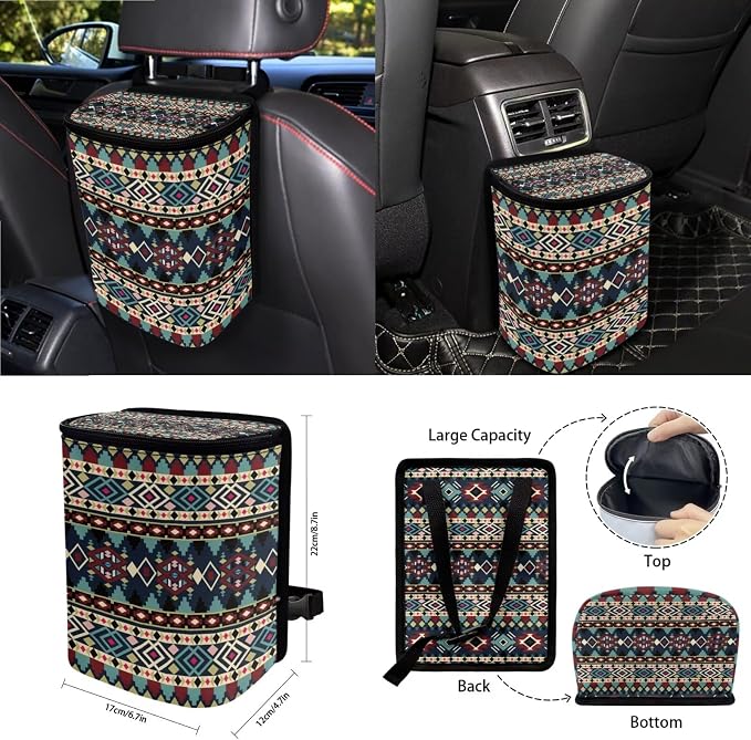Wanyint 15 PCS Car Seat Covers Set for Women, with Steering Wheel Rear View Mirror Cover Seat Belt Pads Trash Bin Sunglass Pocket Coasters Key Chain Car Accessories, Southwest Aztec Dark Blue Red