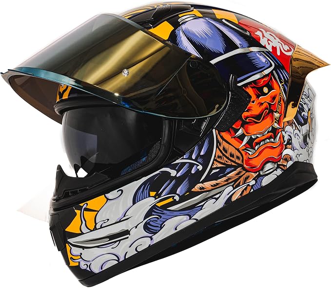 HAX Obsidian Full Face Dual Visor Adult Motorcycle Helmet for Motorbike Street Bike with Pinlock Ready DOT Approved Samurai Gold XL