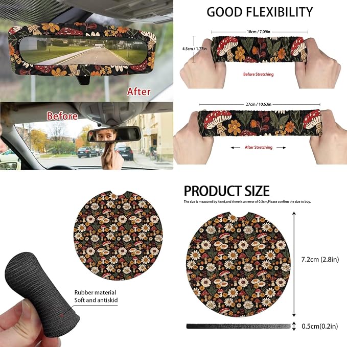 Mushroom Dasiy Car Seat Cover Split Covers for Women Men, Car Steering Wheel Cover Seat Belt Strap Pad Trash Bag Rearview Mirror Accessories Cup Holder Key Chain, 15 PCS